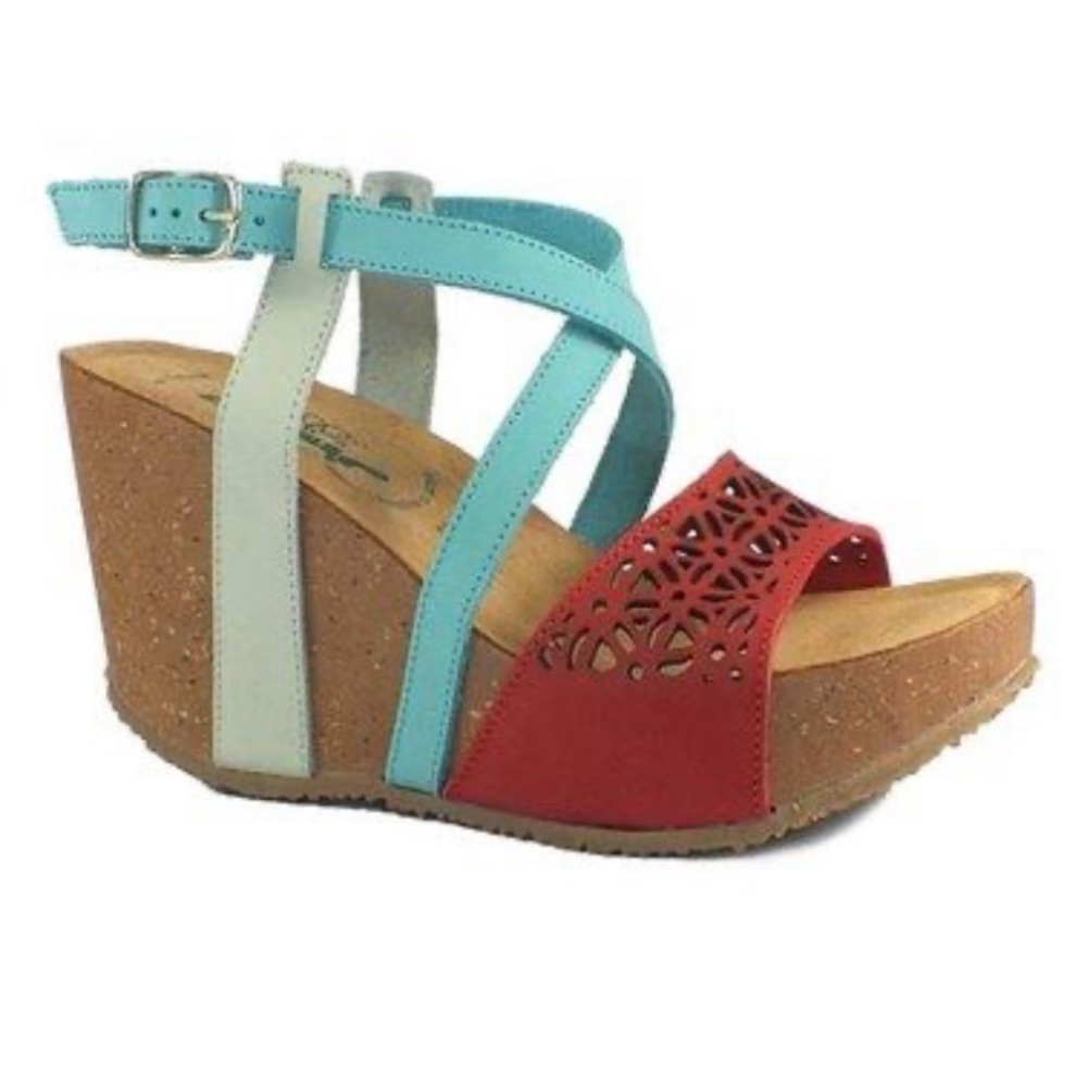 Bio Nautura Red and Aqua Tessa Leather Strap Wedge